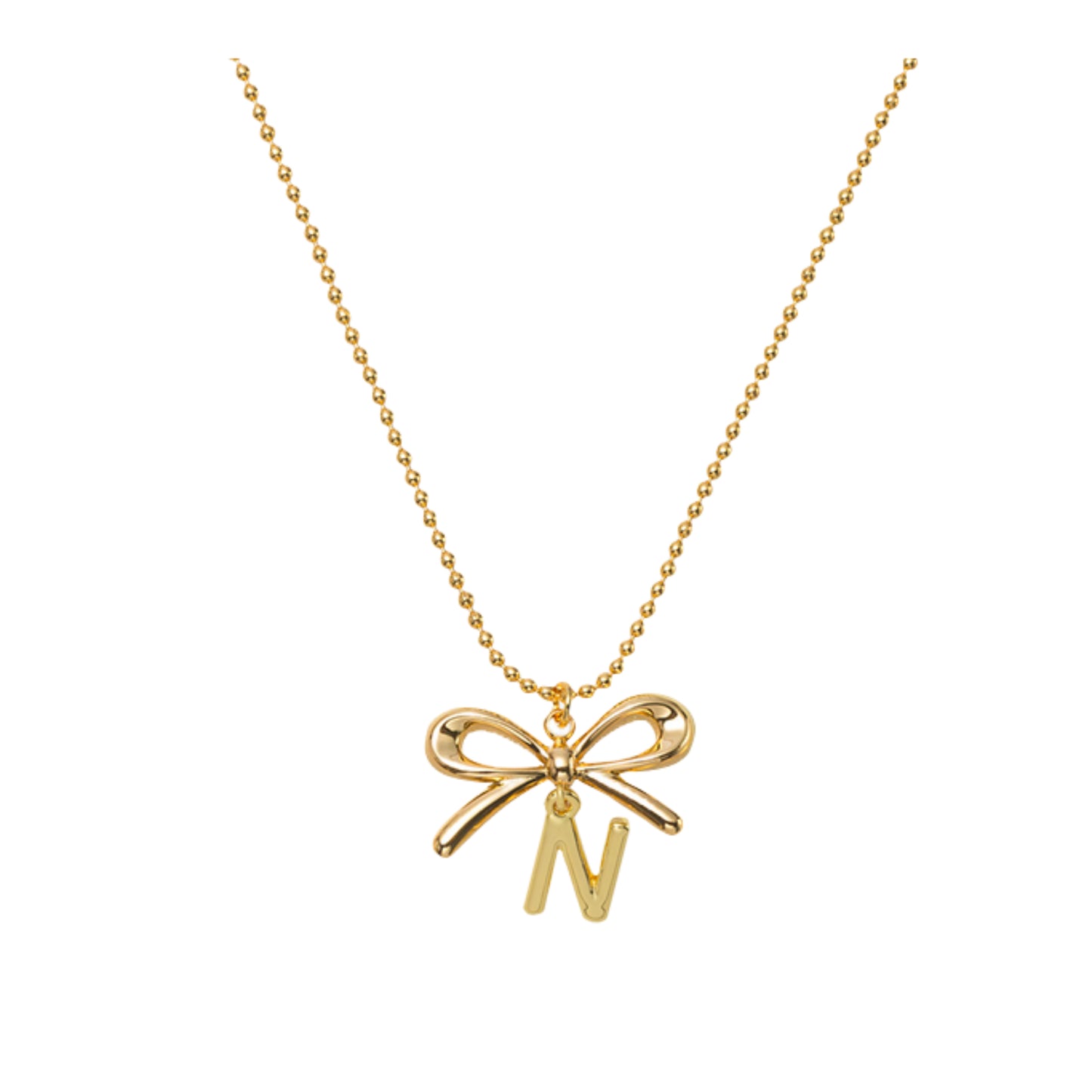 18K Gold Plated Ball Chain Necklace with Gold Bow & Initial "N"