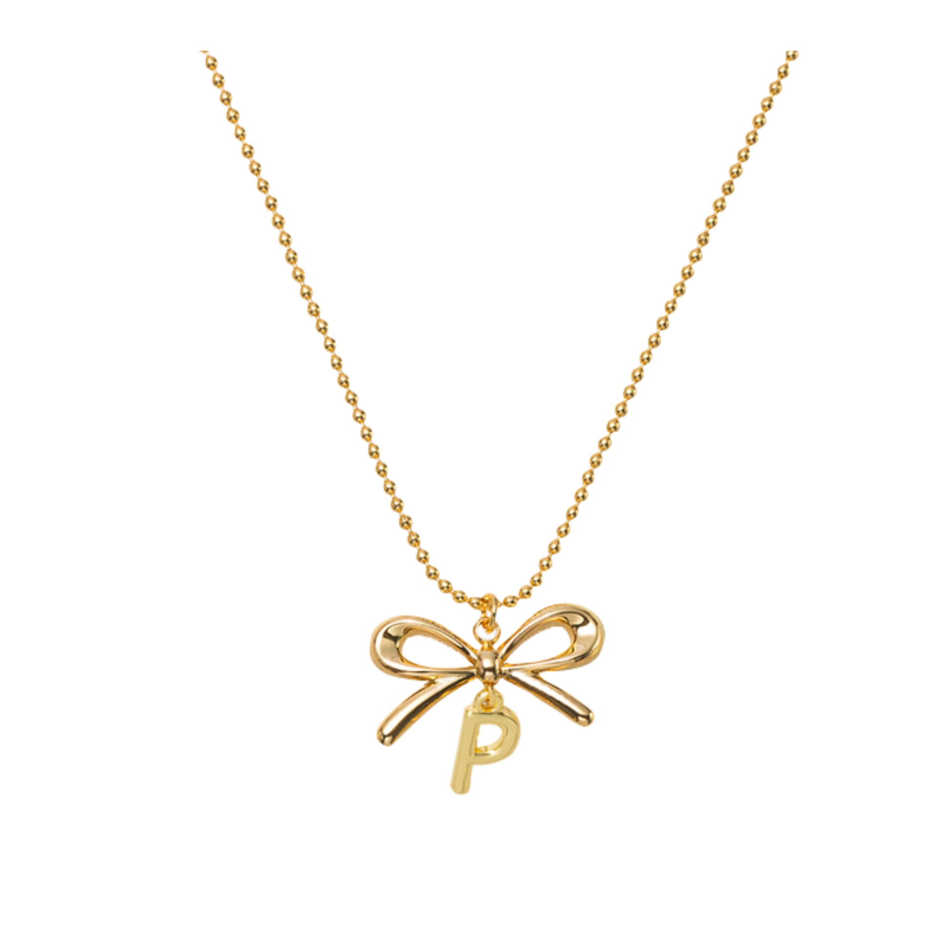 18K Gold Plated Ball Chain Necklace with Gold Bow & Initial "P"