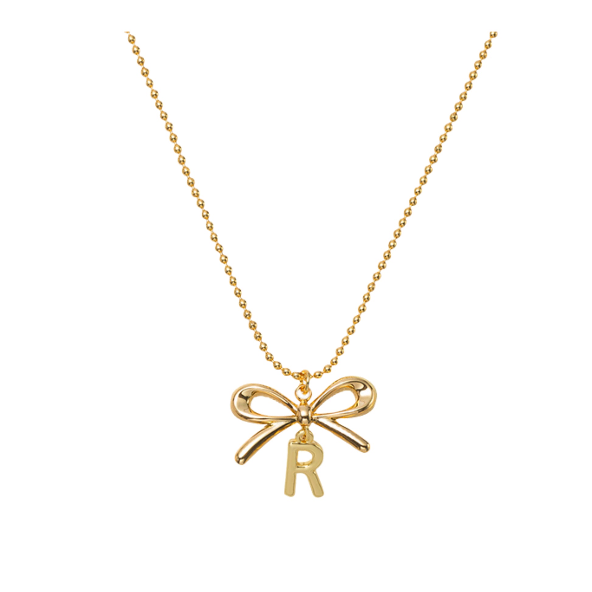 18K Gold Plated Ball Chain Necklace with Gold Bow & Initial "R"