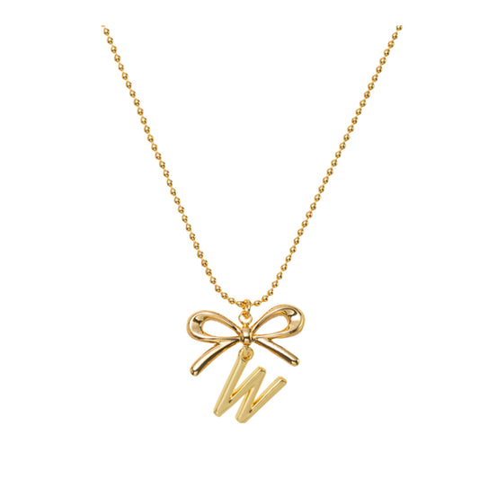 18K Gold Plated Ball Chain Necklace with Gold Bow & Initial "W"