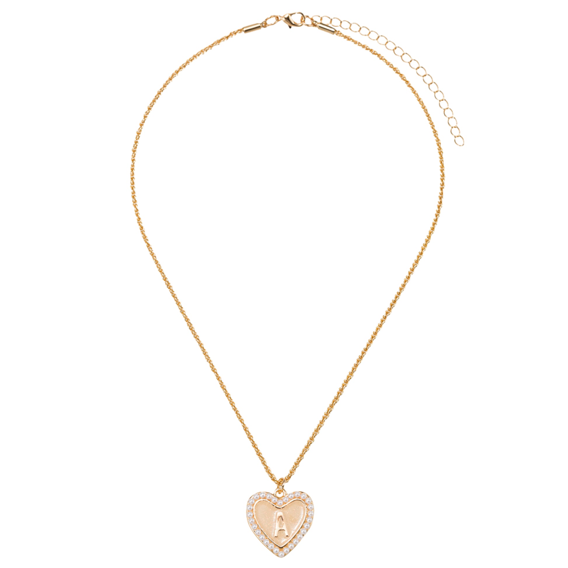 Kids Pearl Edged, Double Sided Heart with One Side Gold Bow, One Side Initial "A" Rope Necklace