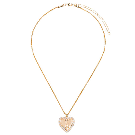 Kids Pearl Edged, Double Sided Heart with One Side Gold Bow, One Side Initial "A" Rope Necklace