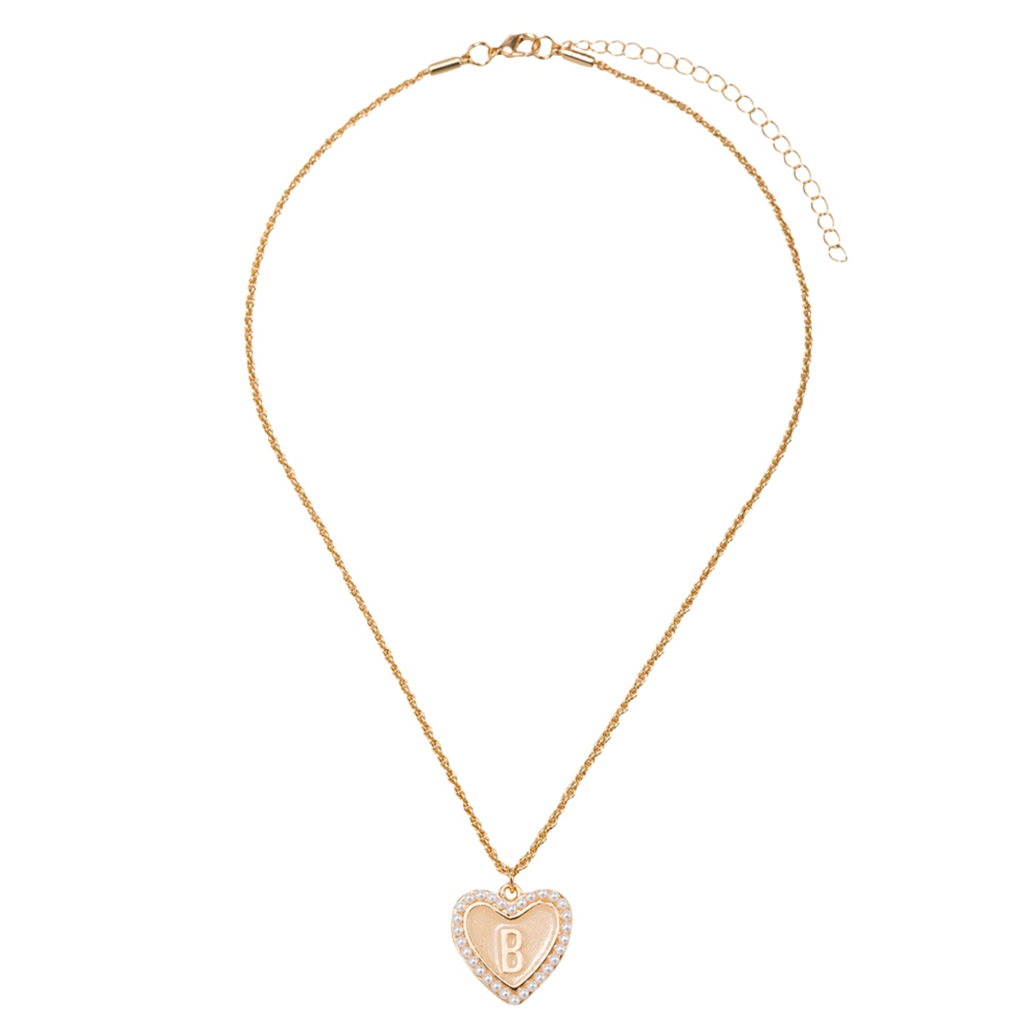 Kids Pearl Edged, Double Sided Heart with One Side Gold Bow, One Side Initial "B" Rope Necklace