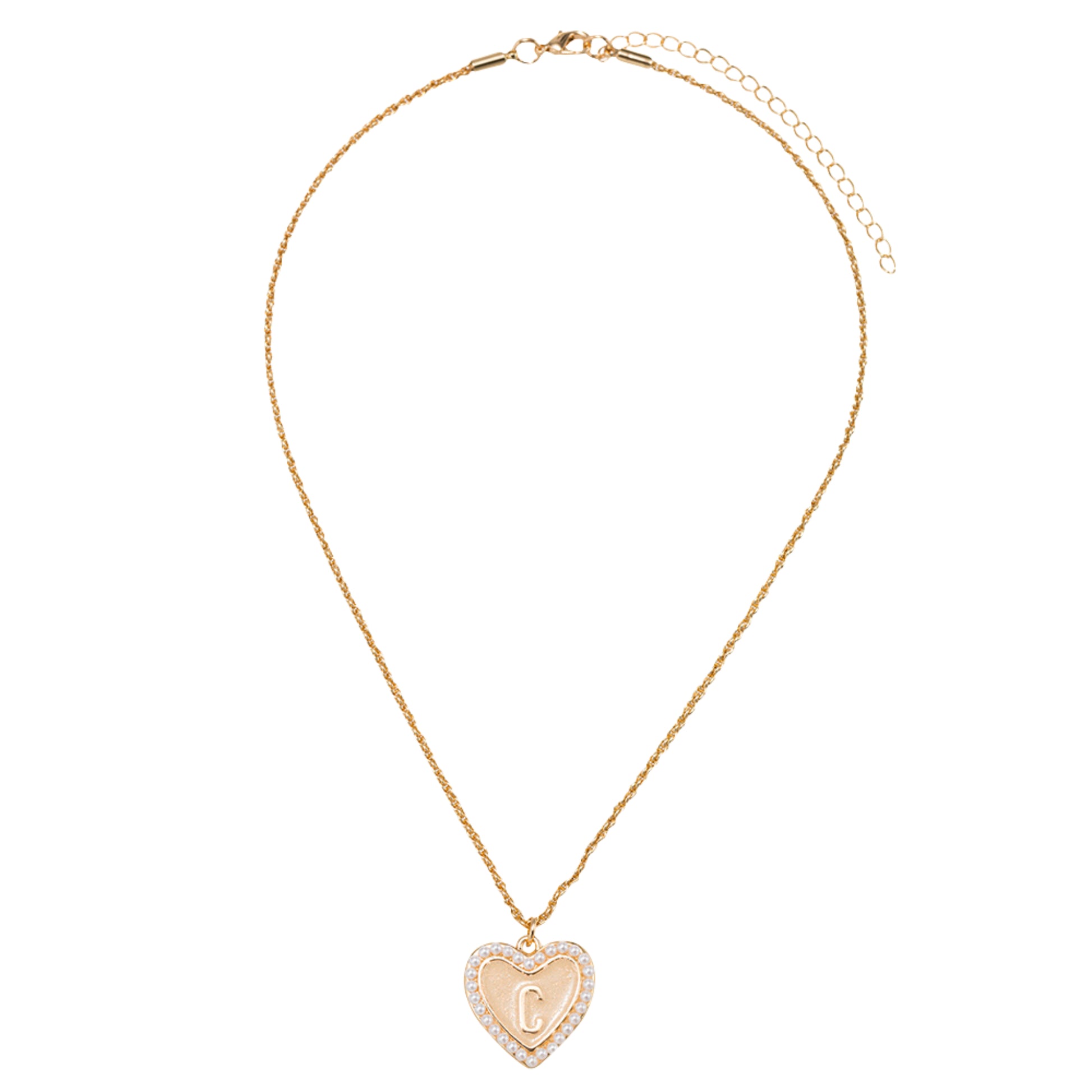 Kids Pearl Edged, Double Sided Heart with One Side Gold Bow, One Side Initial "C" Rope Necklace