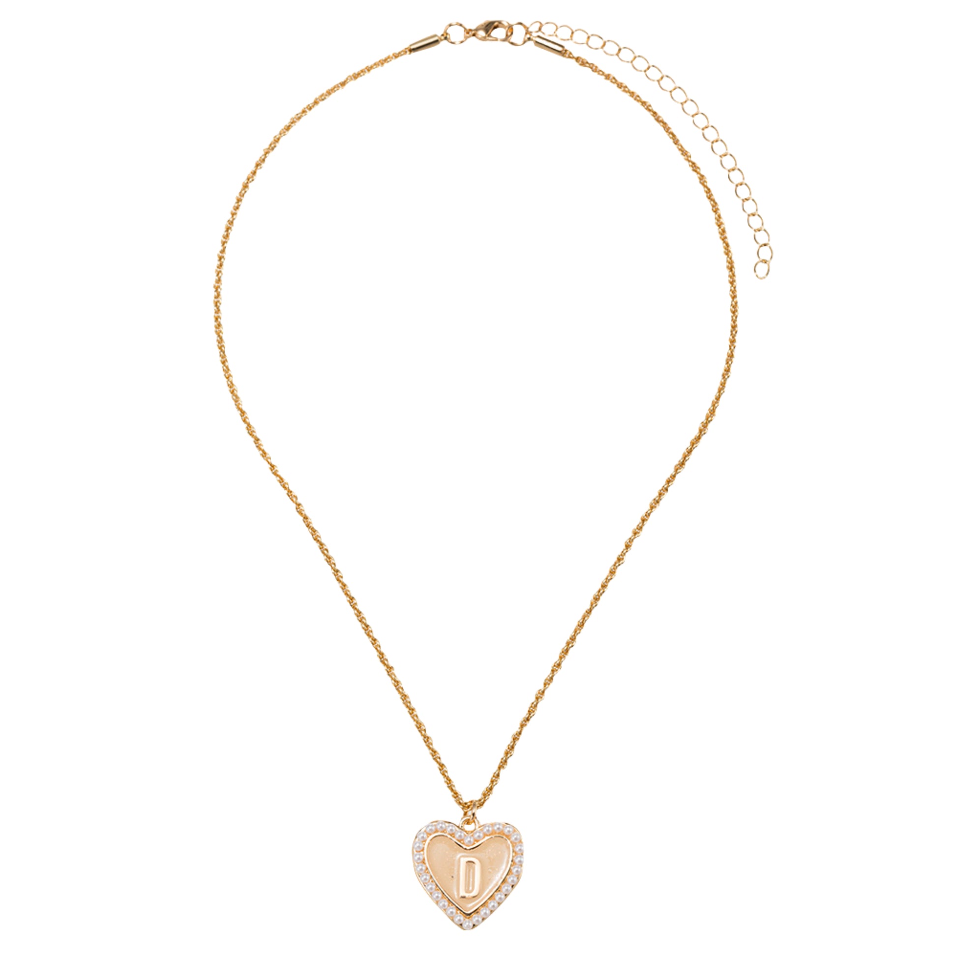 Kids Pearl Edged, Double Sided Heart with One Side Gold Bow, One Side Initial "D" Rope Necklace