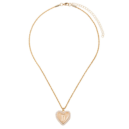 Kids Pearl Edged, Double Sided Heart with One Side Gold Bow, One Side Initial "D" Rope Necklace