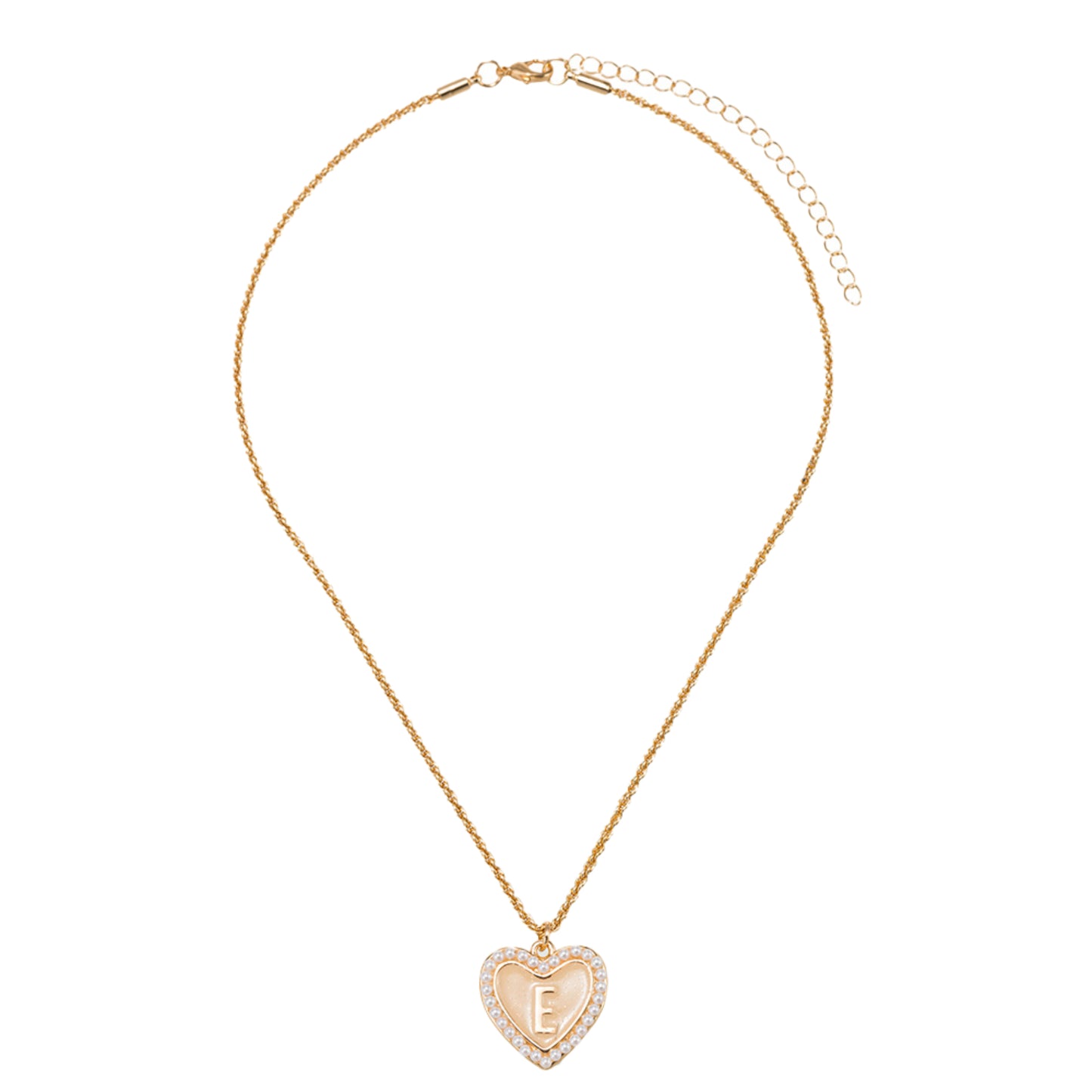 Kids Pearl Edged, Double Sided Heart with One Side Gold Bow, One Side Initial "E" Rope Necklace