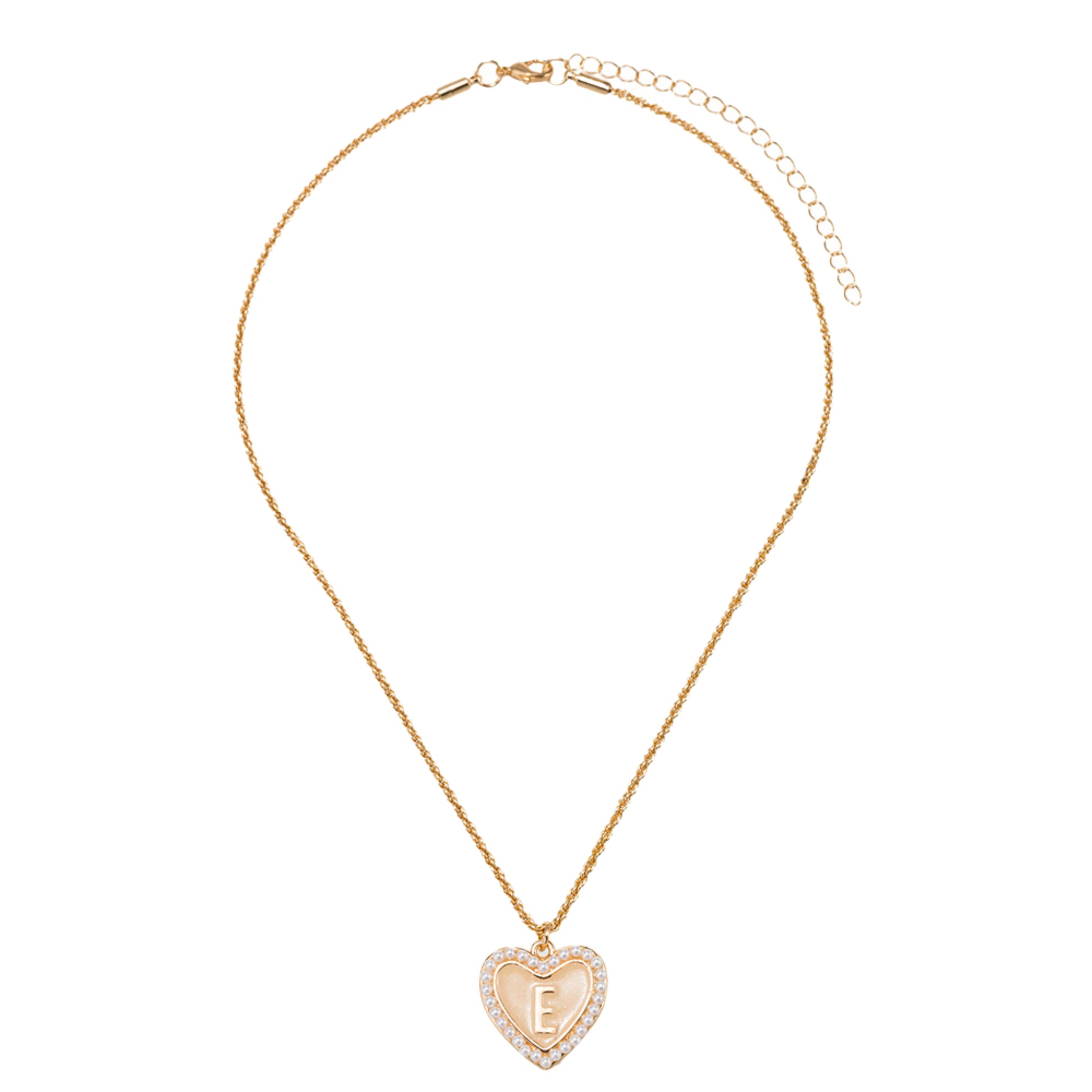 Kids Pearl Edged, Double Sided Heart with One Side Gold Bow, One Side Initial "E" Rope Necklace