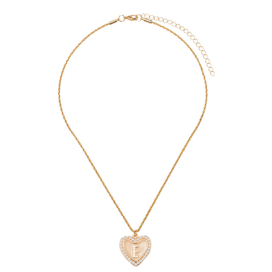 Kids Pearl Edged, Double Sided Heart with One Side Gold Bow, One Side Initial "E" Rope Necklace
