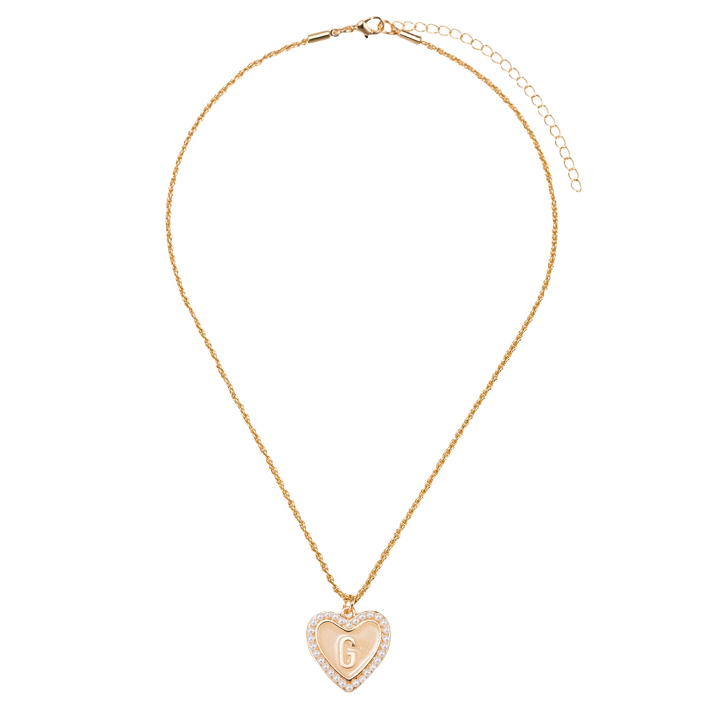 Kids Pearl Edged, Double Sided Heart with One Side Gold Bow, One Side Initial "G" Rope Necklace