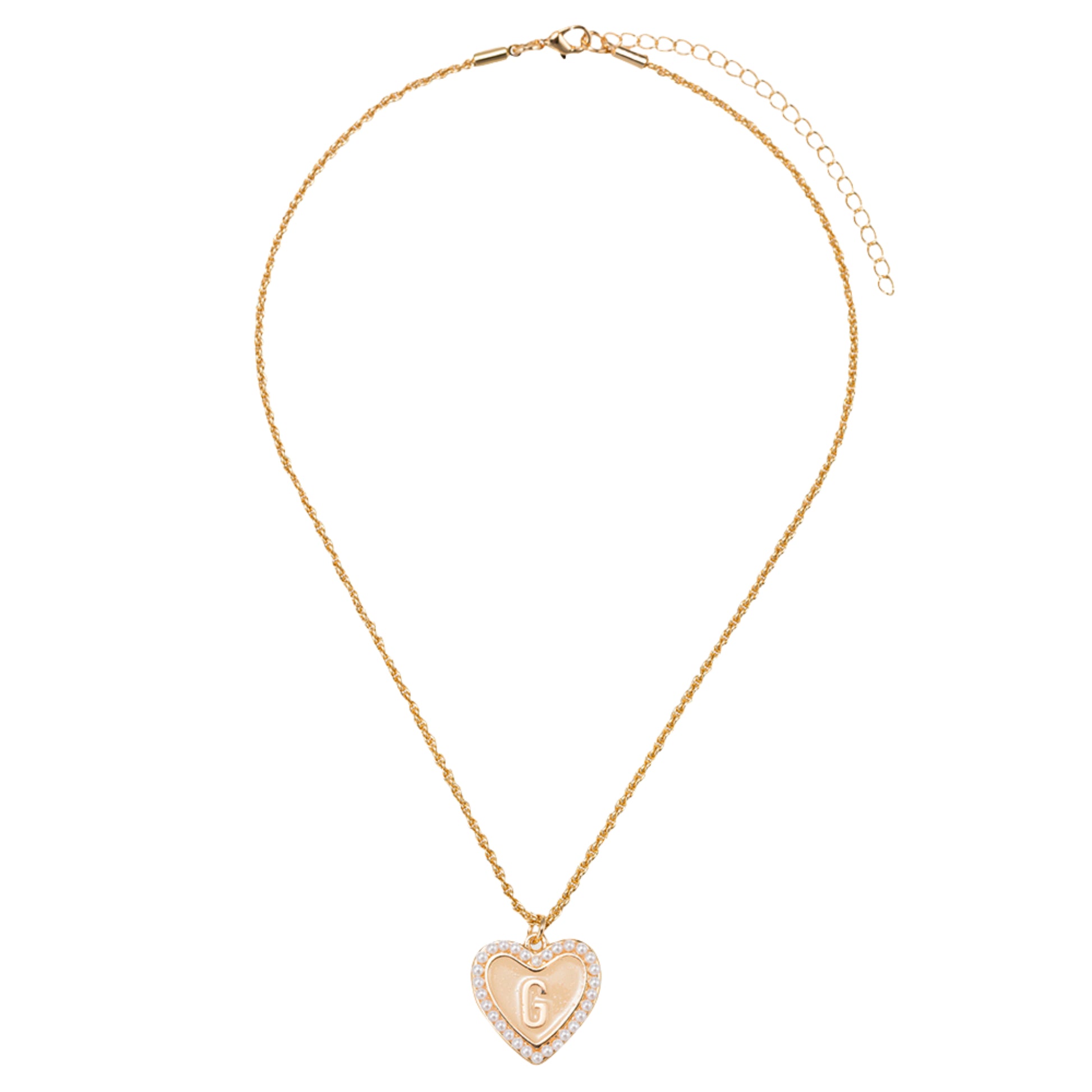 Kids Pearl Edged, Double Sided Heart with One Side Gold Bow, One Side Initial "G" Rope Necklace