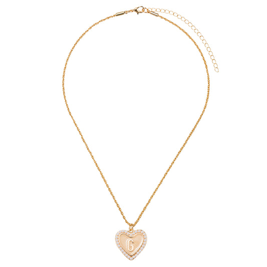 Kids Pearl Edged, Double Sided Heart with One Side Gold Bow, One Side Initial "G" Rope Necklace