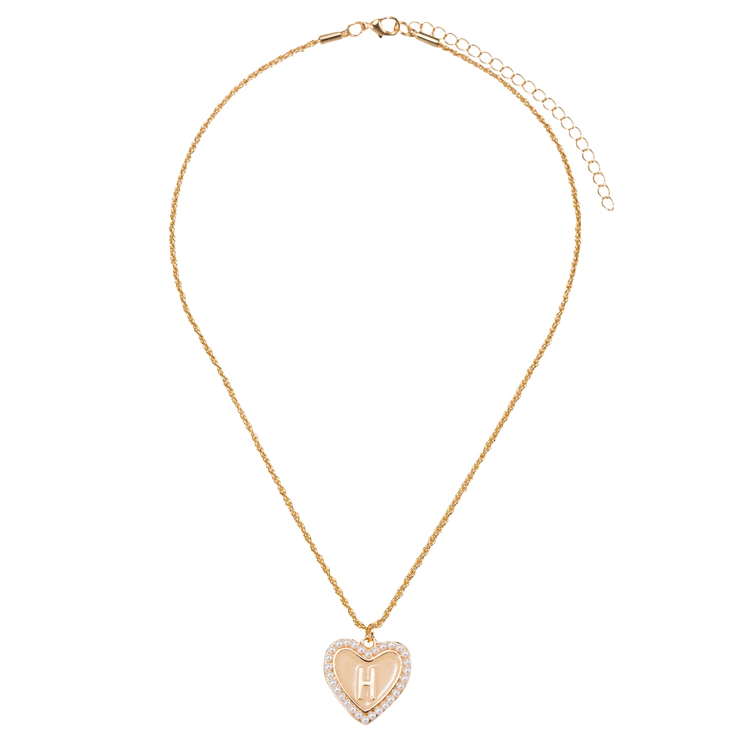 Kids Pearl Edged, Double Sided Heart with One Side Gold Bow, One Side Initial "H" Rope Necklace
