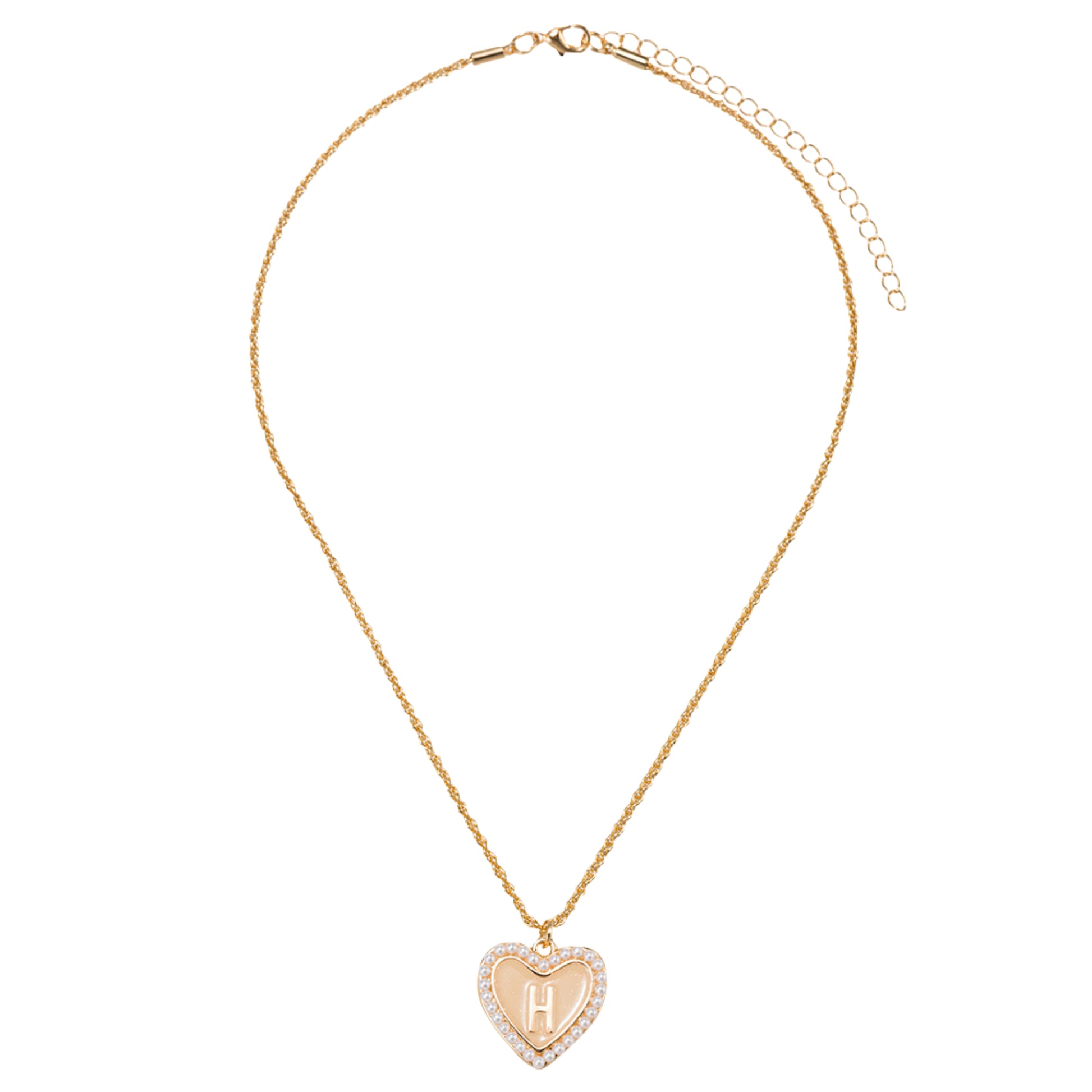 Kids Pearl Edged, Double Sided Heart with One Side Gold Bow, One Side Initial "H" Rope Necklace