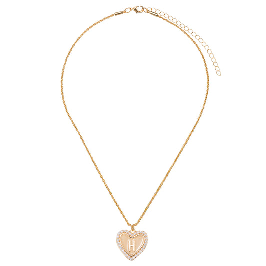 Kids Pearl Edged, Double Sided Heart with One Side Gold Bow, One Side Initial "H" Rope Necklace