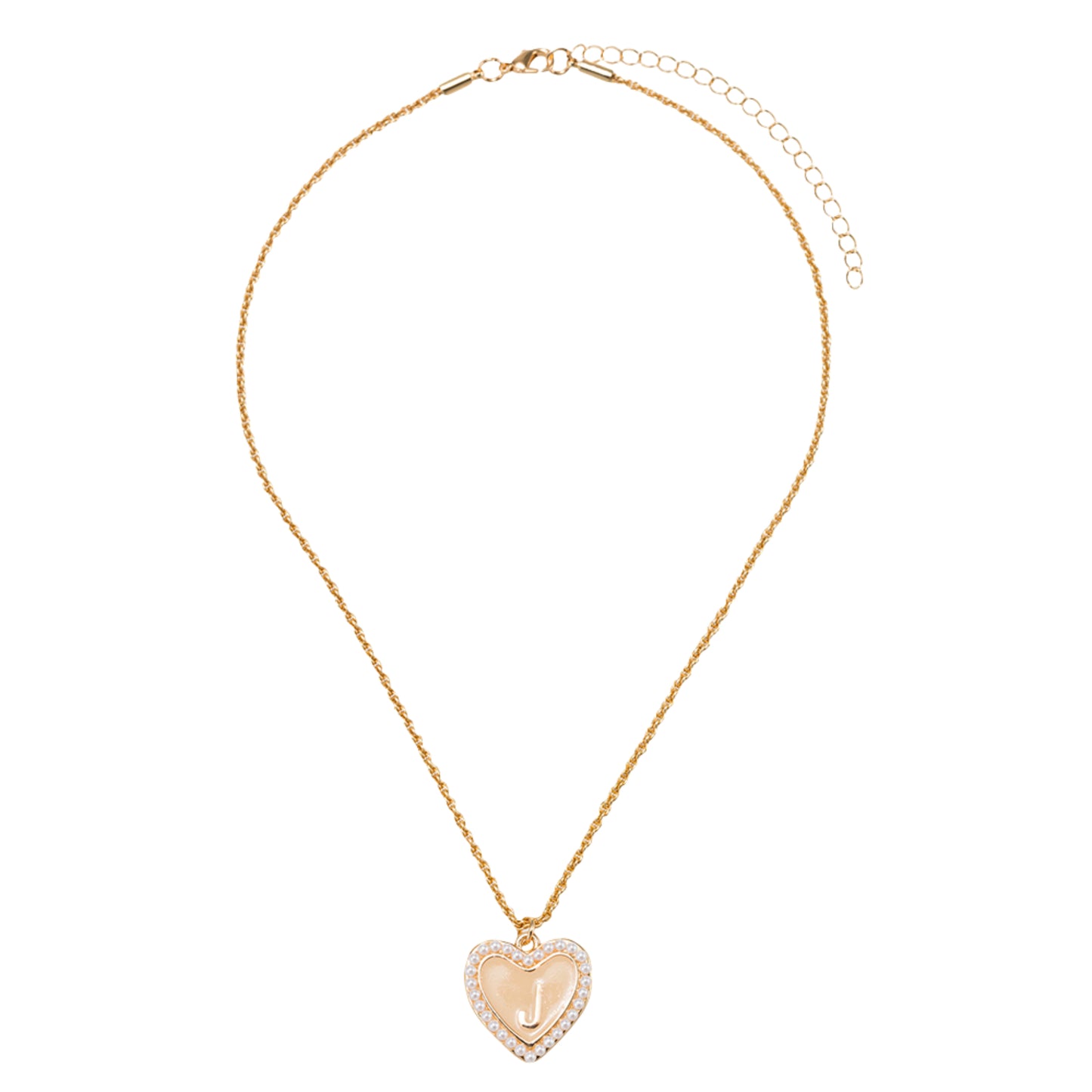 Kids Pearl Edged, Double Sided Heart with One Side Gold Bow, One Side Initial "J" Rope Necklace