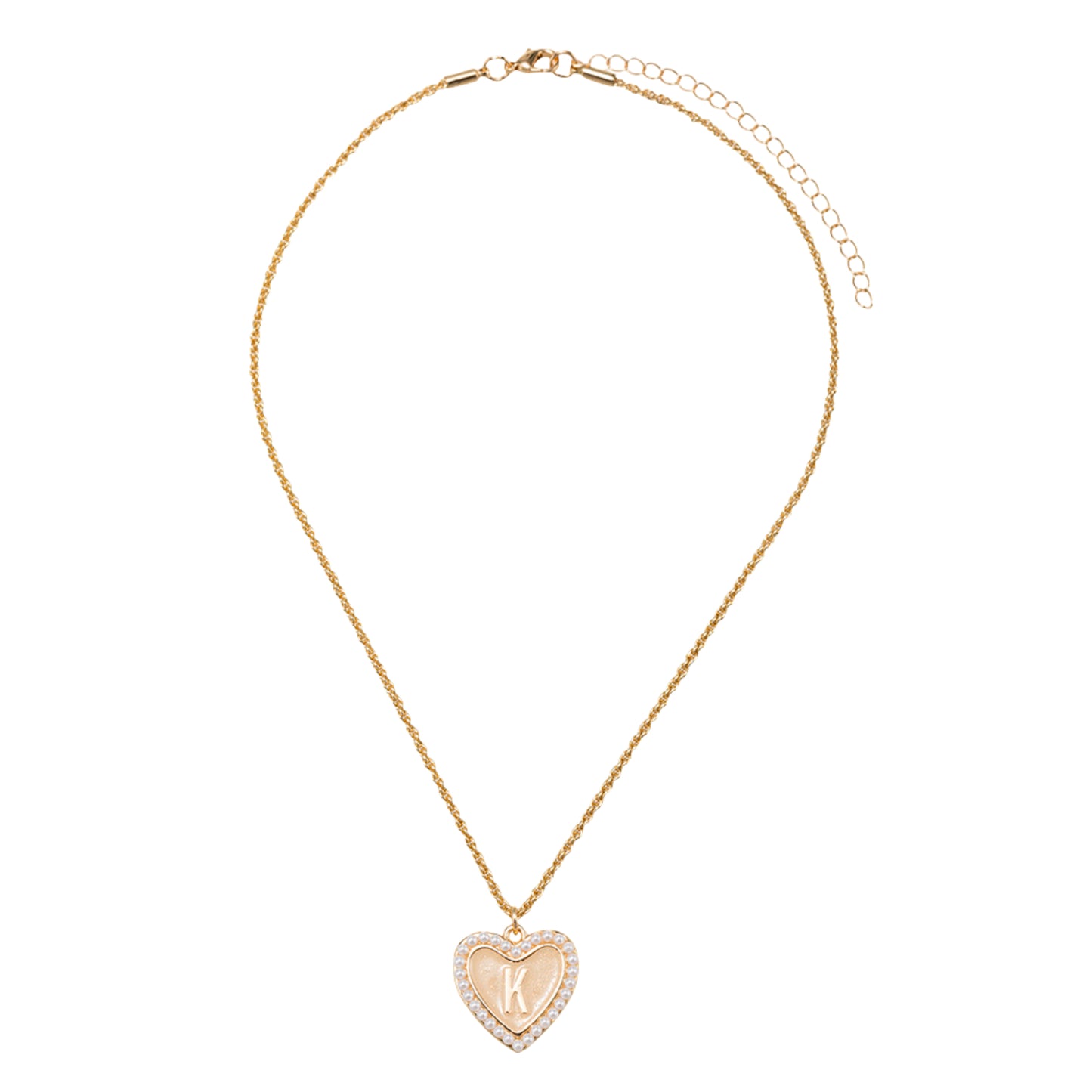 Kids Pearl Edged, Double Sided Heart with One Side Gold Bow, One Side Initial "K" Rope Necklace