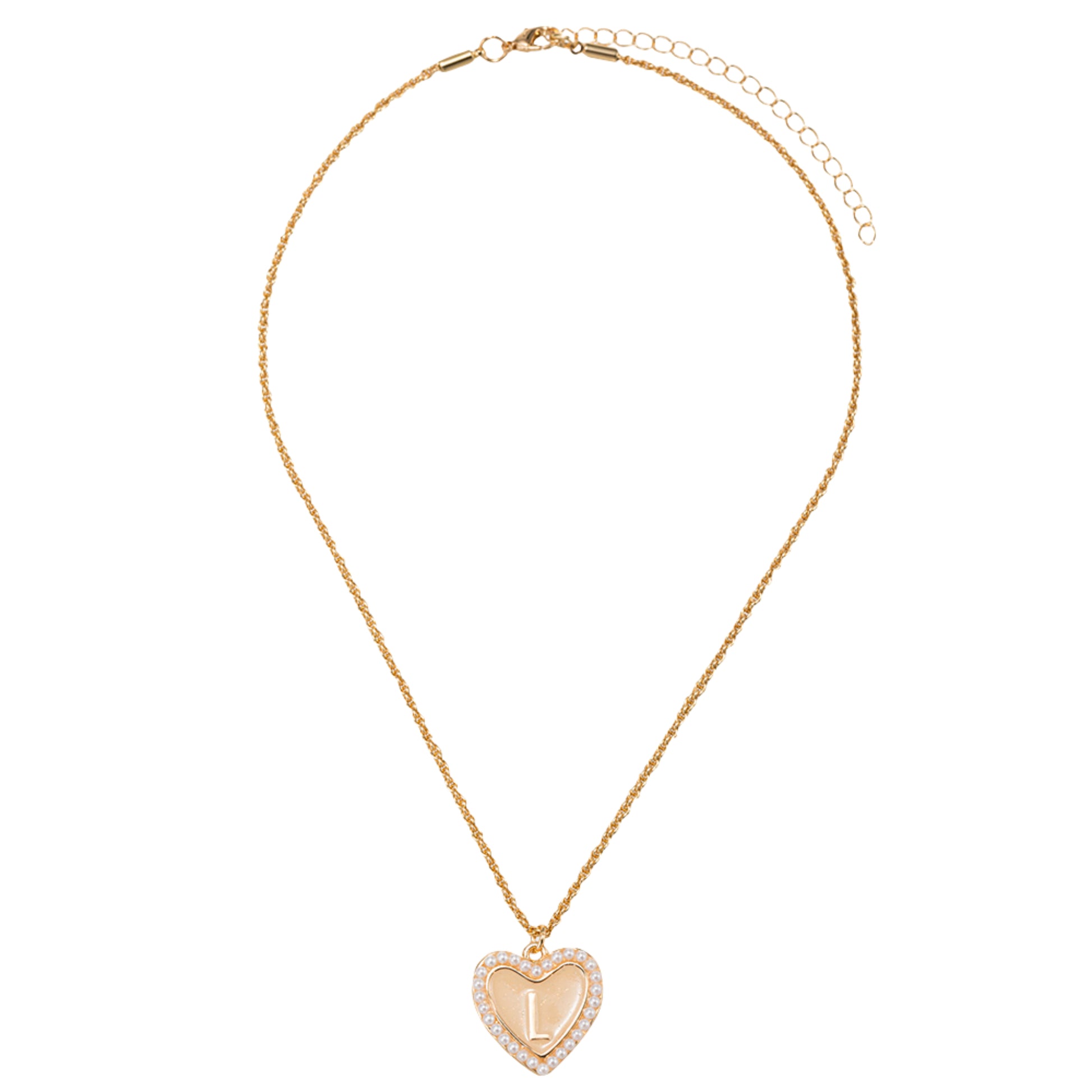 Kids Pearl Edged, Double Sided Heart with One Side Gold Bow, One Side Initial "L" Rope Necklace