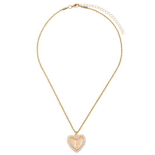 Kids Pearl Edged, Double Sided Heart with One Side Gold Bow, One Side Initial "L" Rope Necklace