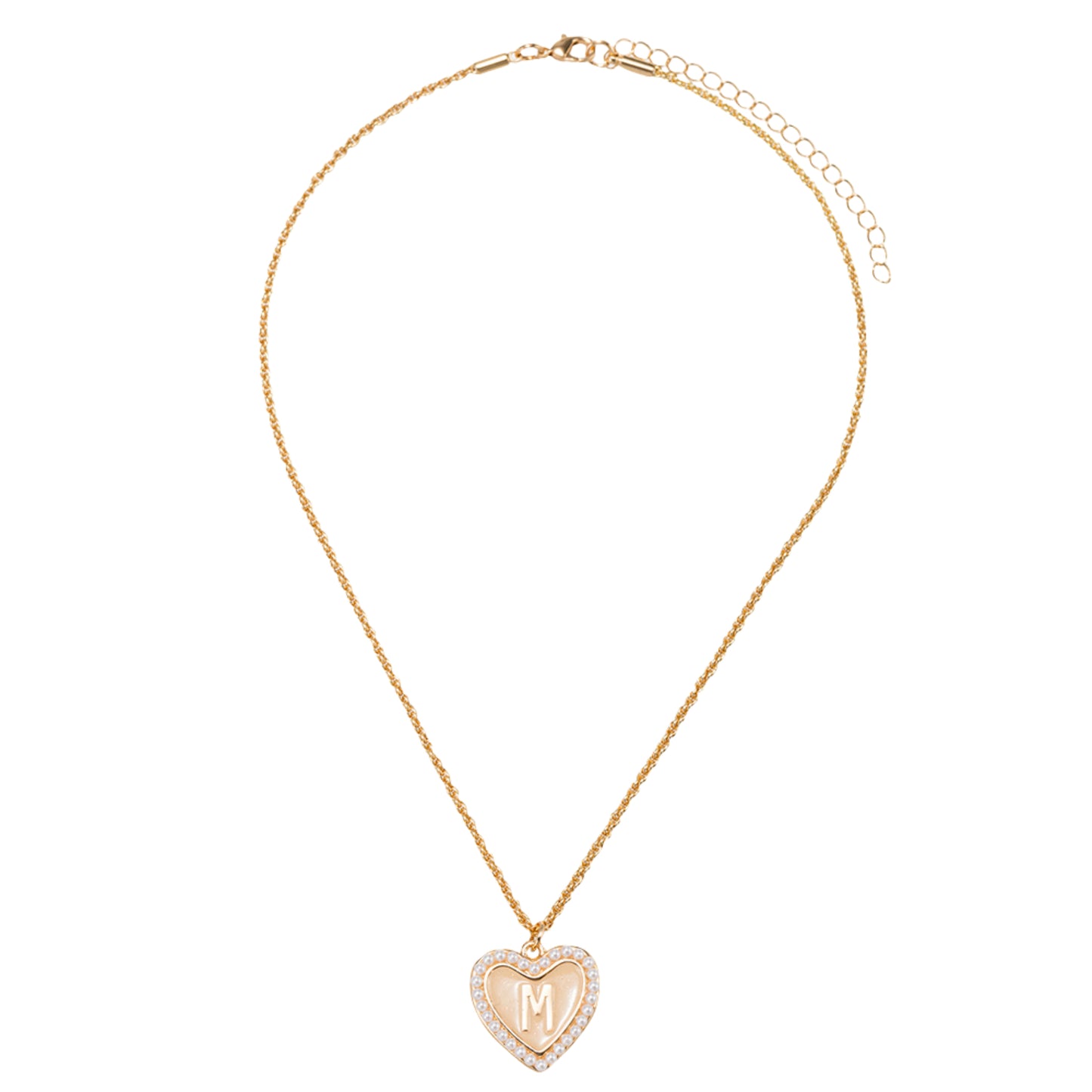 Kids Pearl Edged, Double Sided Heart with One Side Gold Bow, One Side Initial "M" Rope Necklace