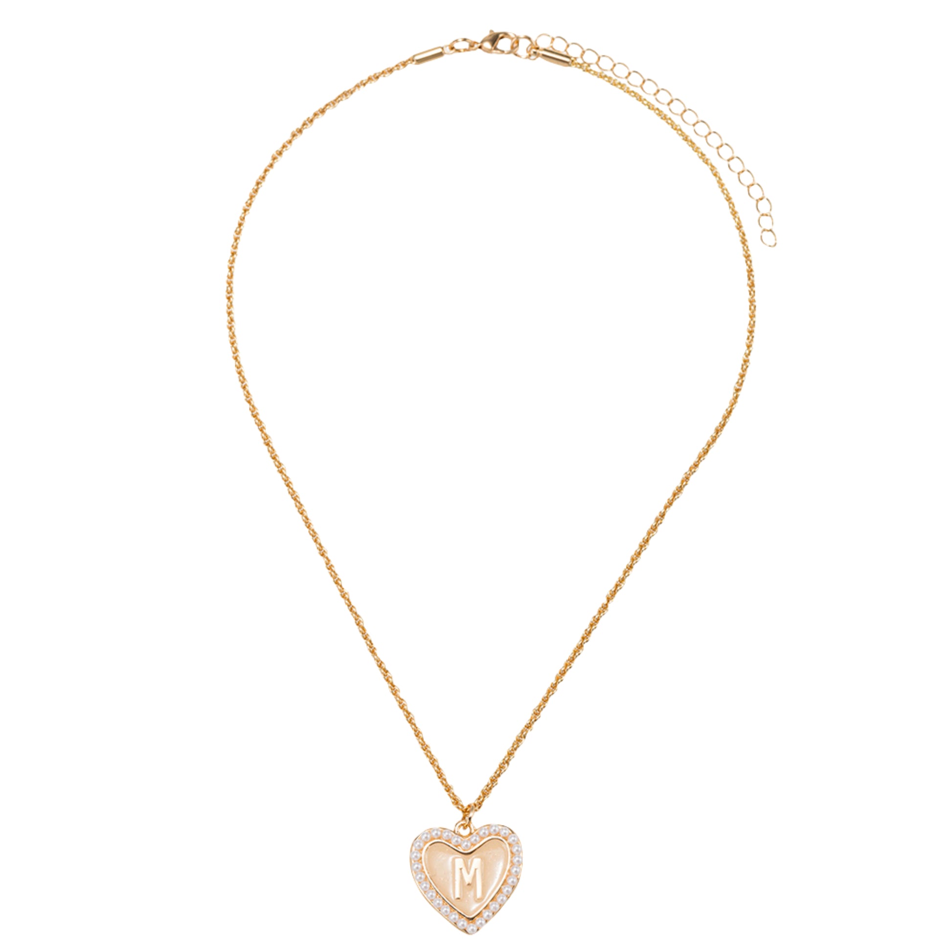 Kids Pearl Edged, Double Sided Heart with One Side Gold Bow, One Side Initial "M" Rope Necklace