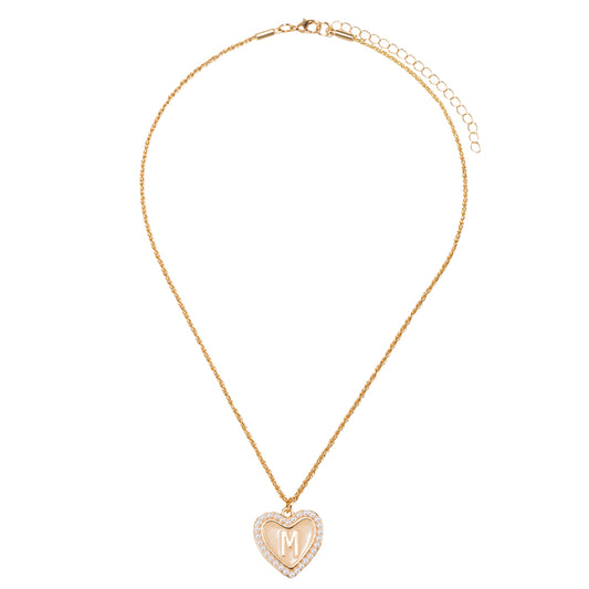 Kids Pearl Edged, Double Sided Heart with One Side Gold Bow, One Side Initial "M" Rope Necklace