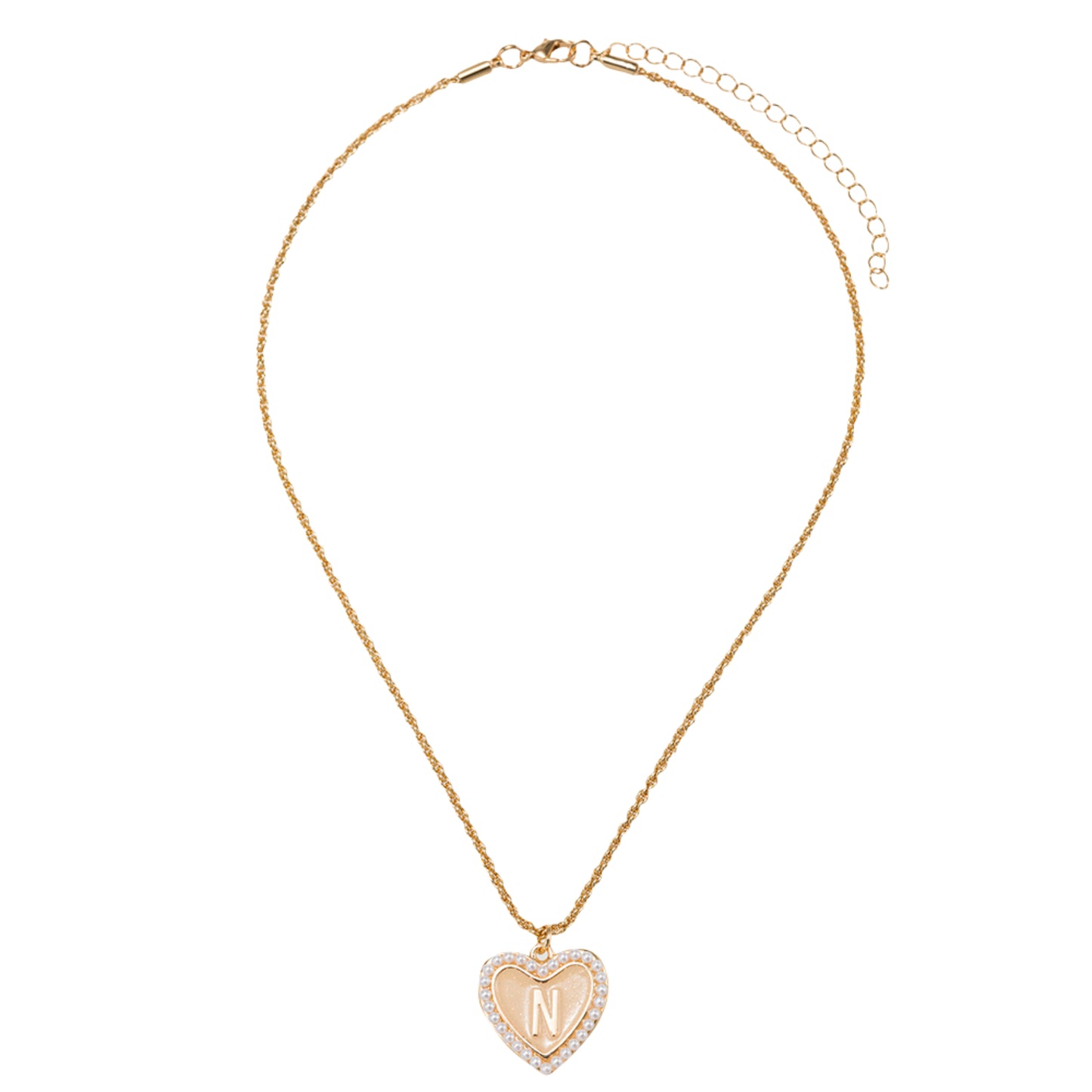 Kids Pearl Edged, Double Sided Heart with One Side Gold Bow, One Side Initial "N" Rope Necklace