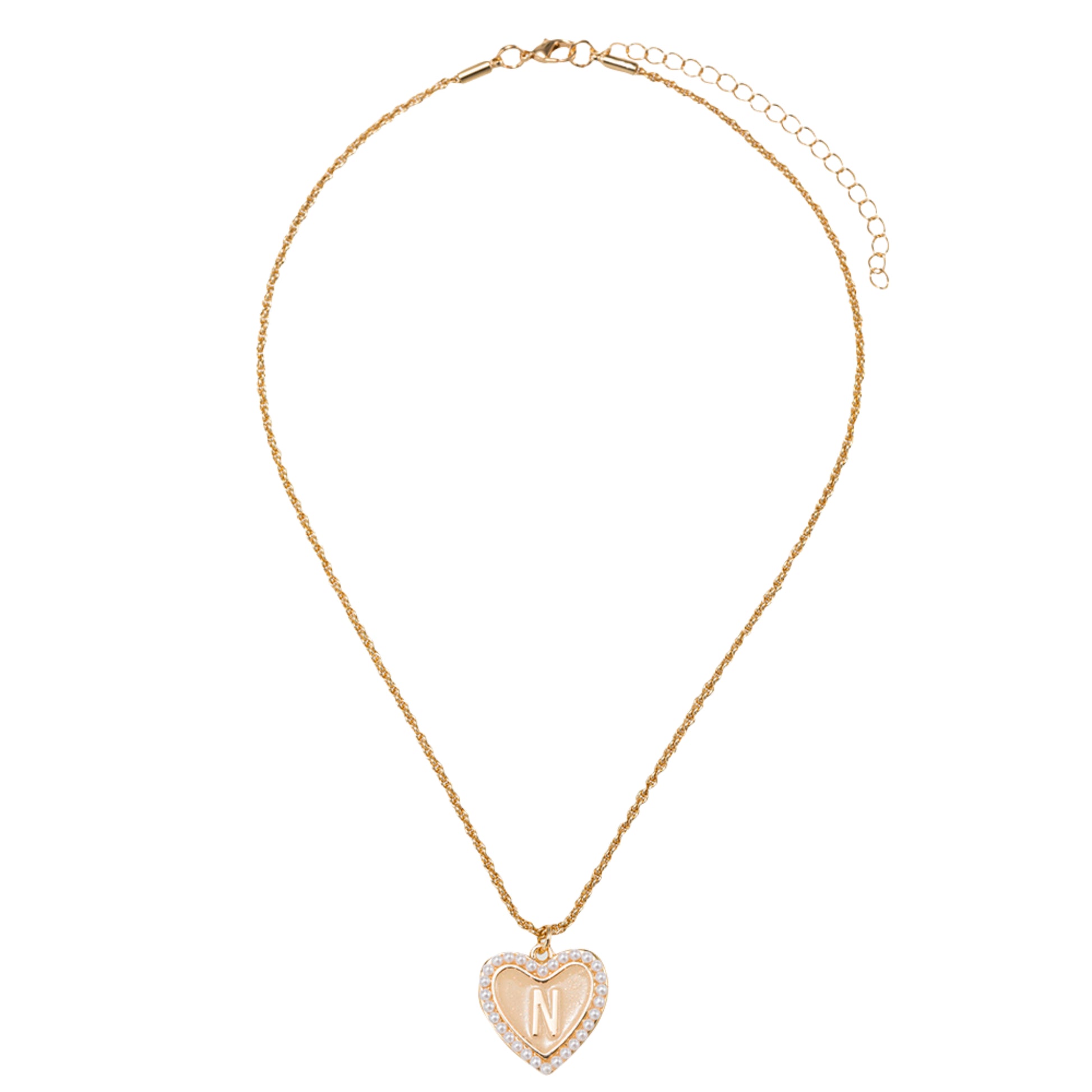 Kids Pearl Edged, Double Sided Heart with One Side Gold Bow, One Side Initial "N" Rope Necklace