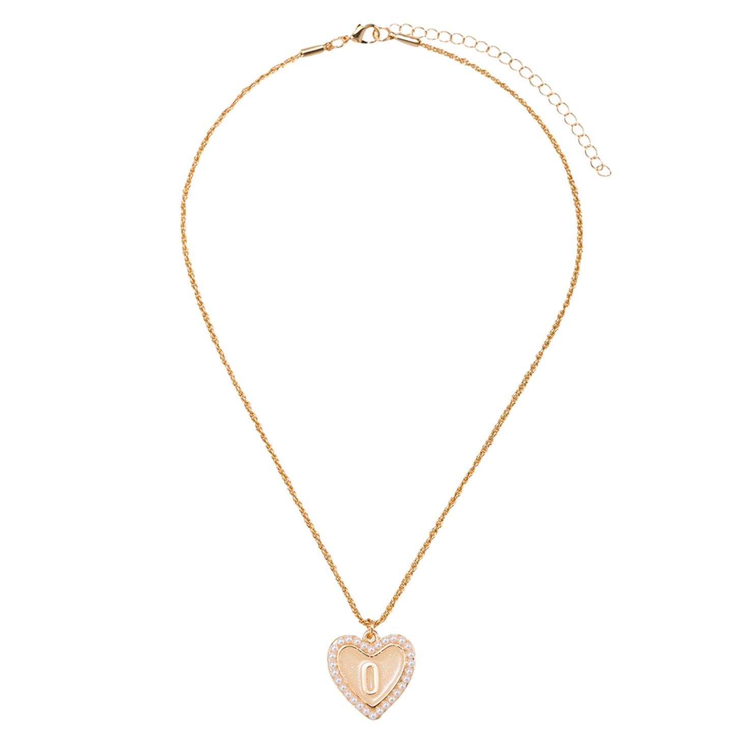 Kids Pearl Edged, Double Sided Heart with One Side Gold Bow, One Side Initial "O" Rope Necklace