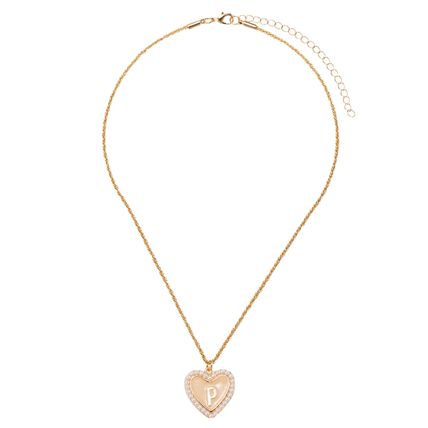 Kids Pearl Edged, Double Sided Heart with One Side Gold Bow, One Side Initial "P" Rope Necklace