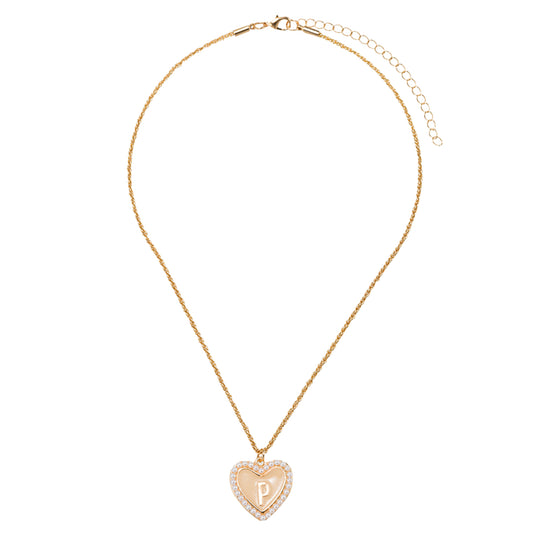 Kids Pearl Edged, Double Sided Heart with One Side Gold Bow, One Side Initial "P" Rope Necklace