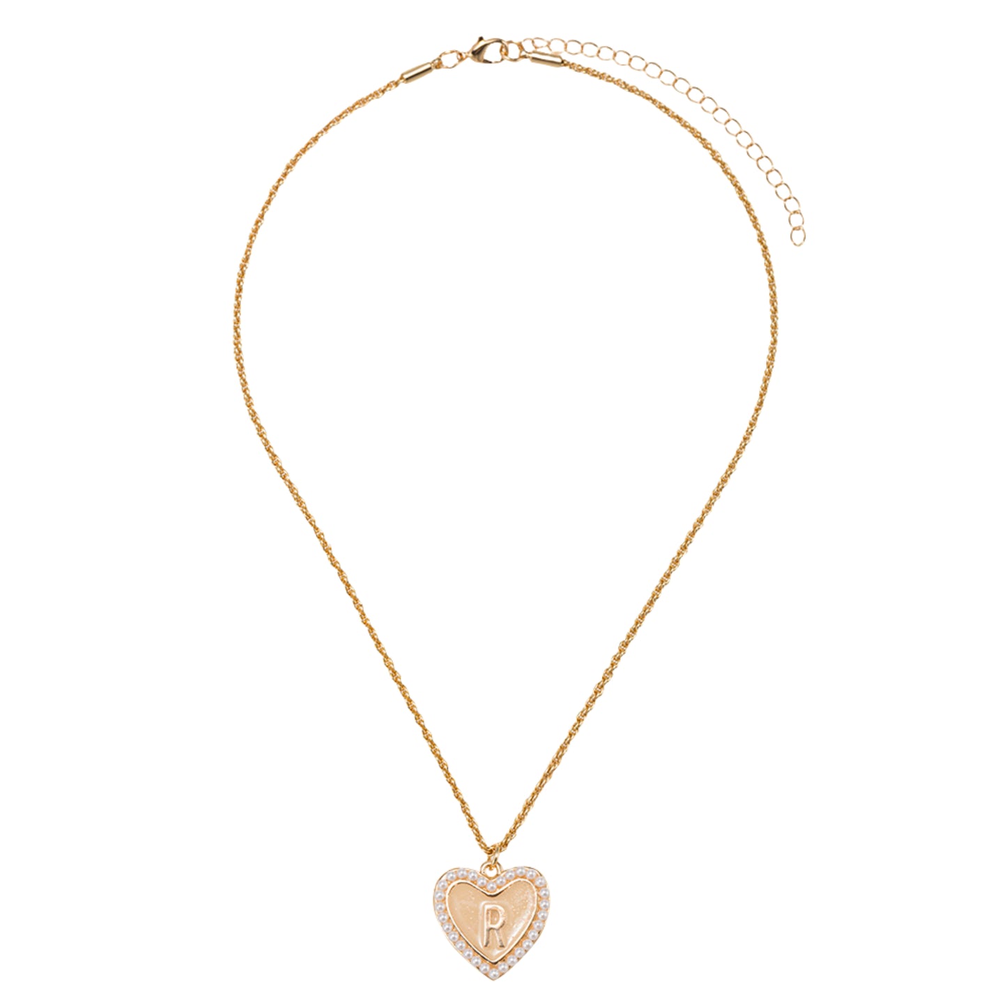 Kids Pearl Edged, Double Sided Heart with One Side Gold Bow, One Side Initial "R" Rope Necklace