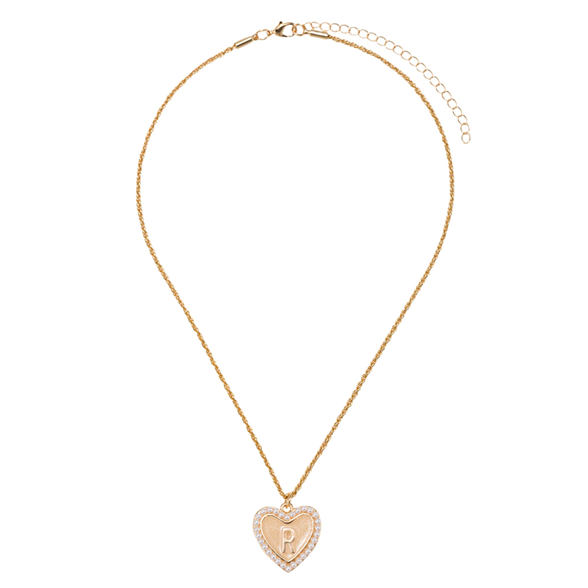 Kids Pearl Edged, Double Sided Heart with One Side Gold Bow, One Side Initial "R" Rope Necklace