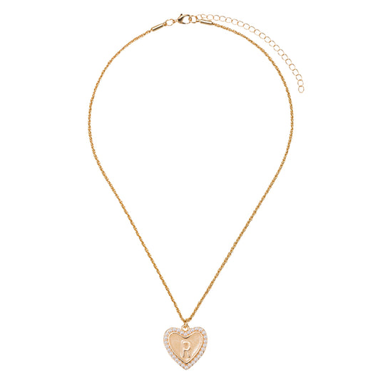Kids Pearl Edged, Double Sided Heart with One Side Gold Bow, One Side Initial "R" Rope Necklace