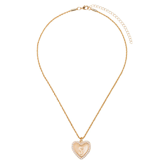 Kids Pearl Edged, Double Sided Heart with One Side Gold Bow, One Side Initial "S" Rope Necklace
