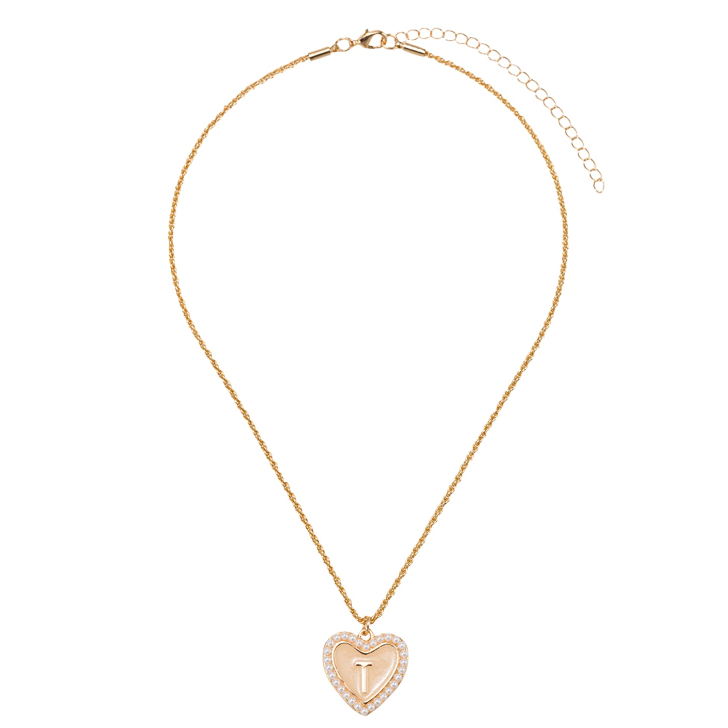 Kids Pearl Edged, Double Sided Heart with One Side Gold Bow, One Side Initial "T" Rope Necklace