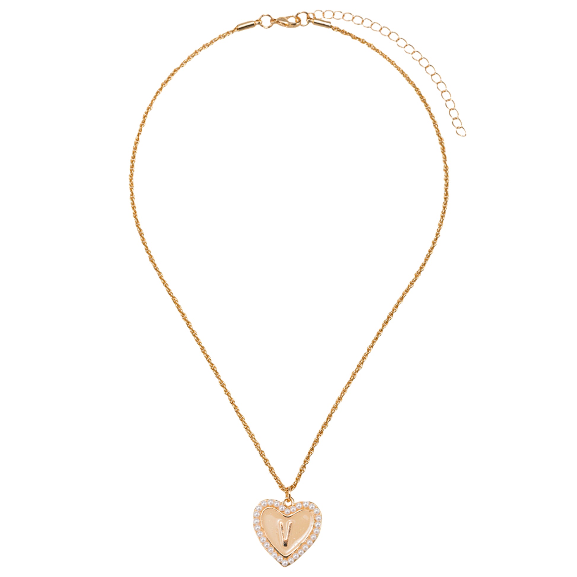Kids Pearl Edged, Double Sided Heart with One Side Gold Bow, One Side Initial "V" Rope Necklace
