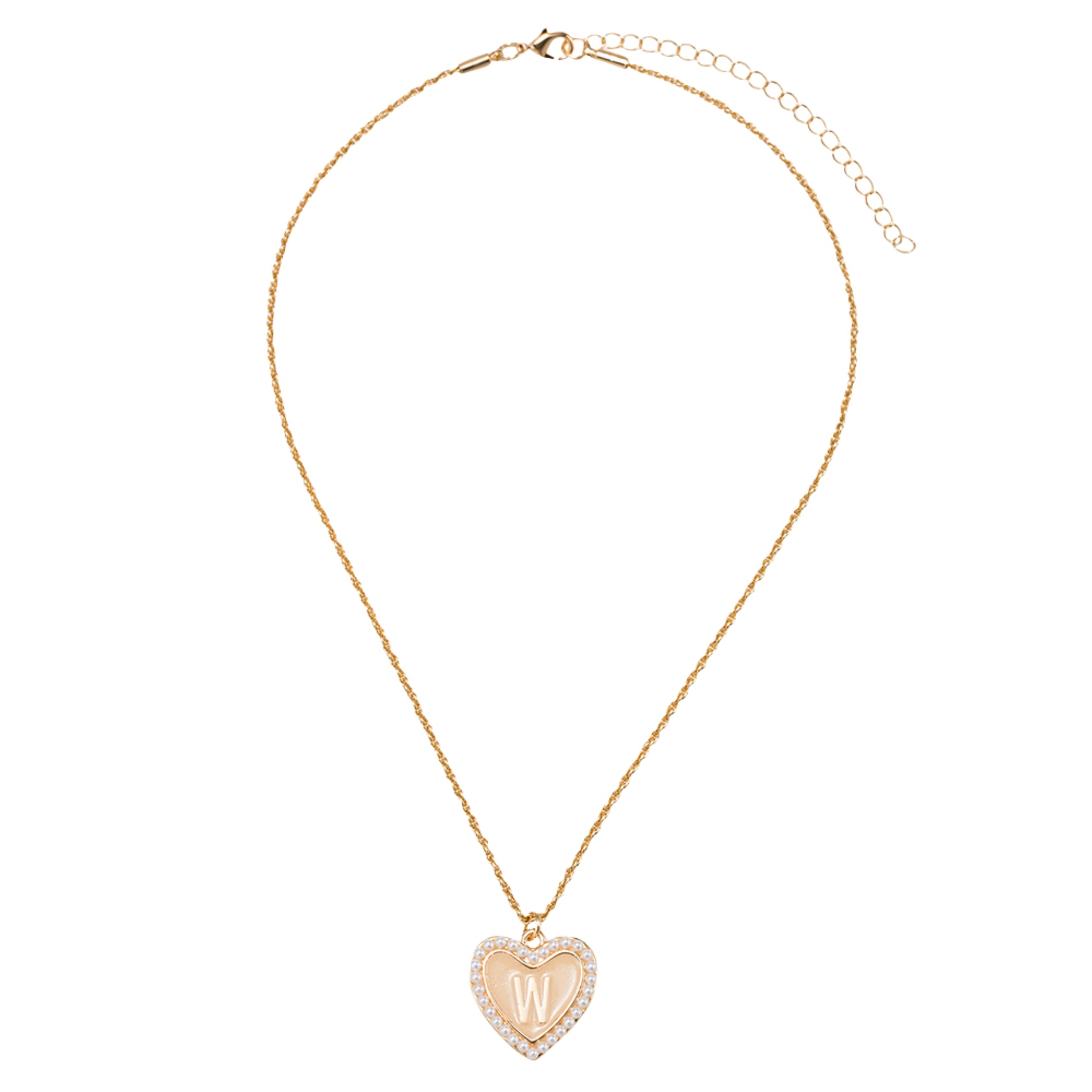 Kids Pearl Edged, Double Sided Heart with One Side Gold Bow, One Side Initial "W" Rope Necklace