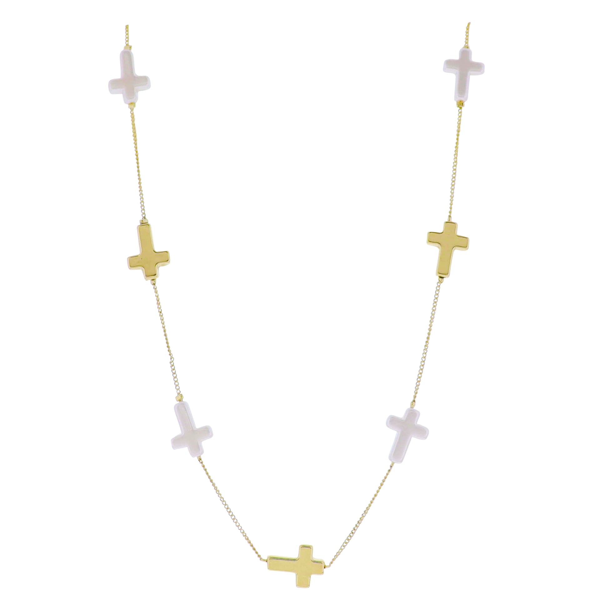 Gold Satellite Chain Necklace with Gold, Pearl Cross Stations