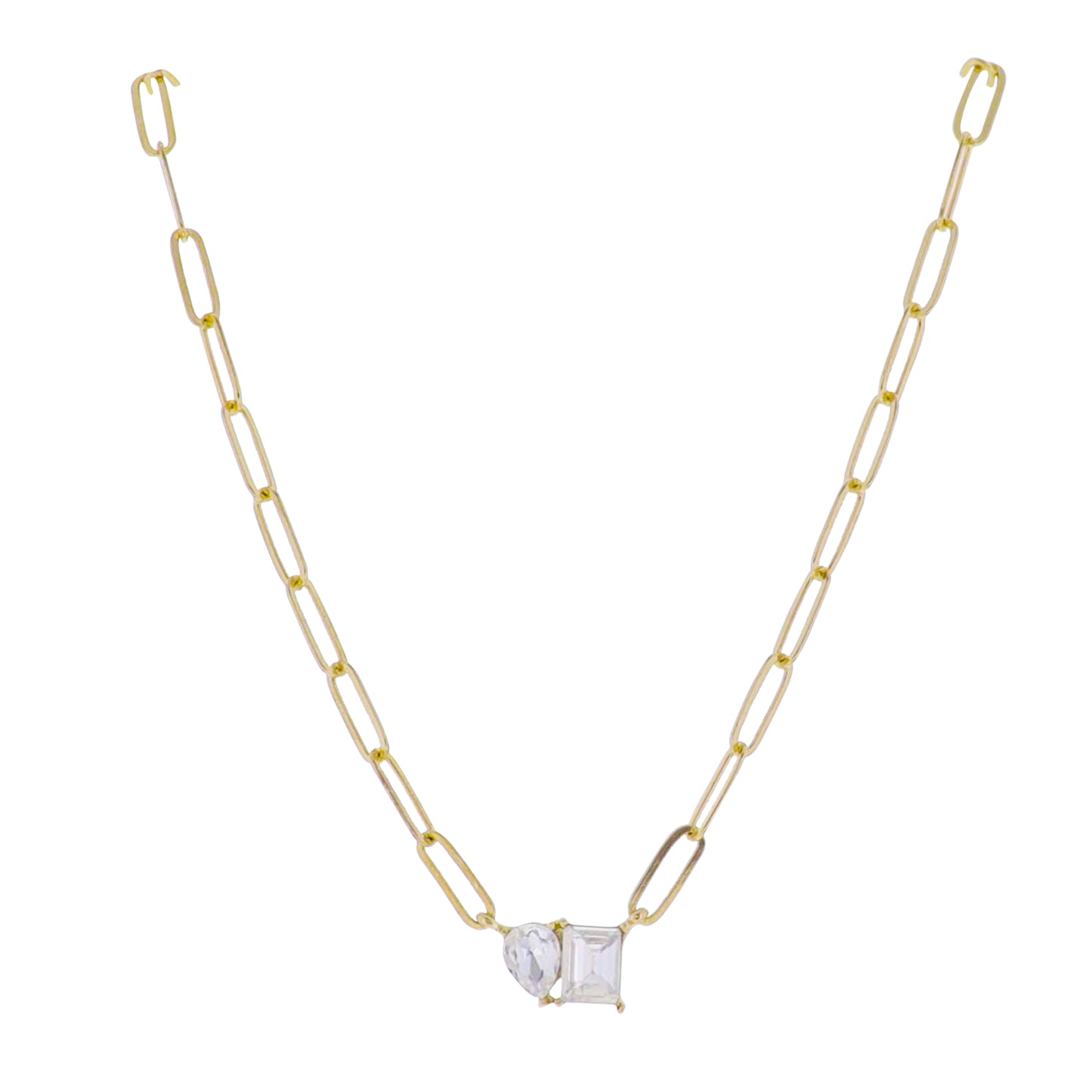 Gold Paperclip Chain Necklace with Clear Crystal Teardrop and Square