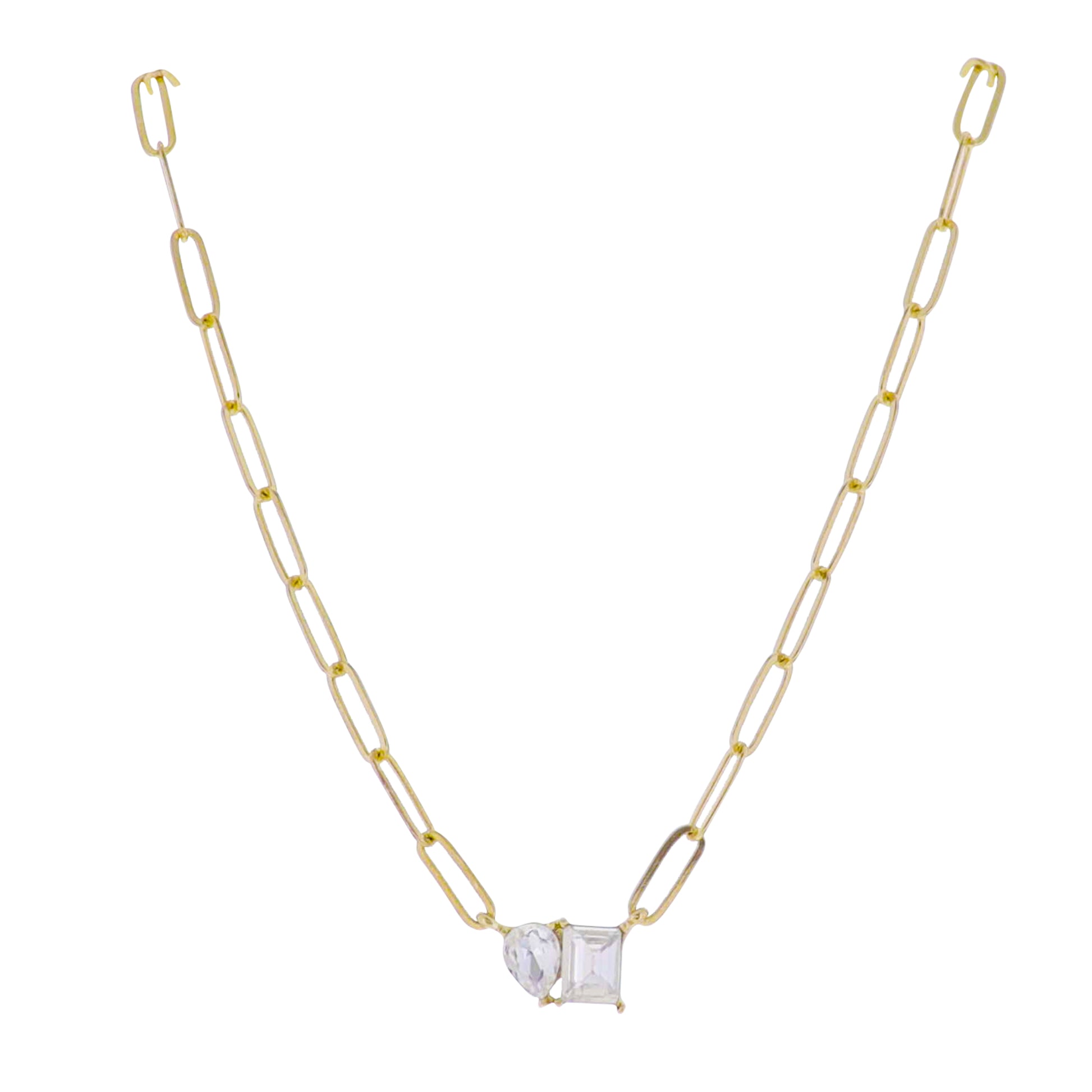 Gold Paperclip Chain Necklace with Clear Crystal Teardrop and Square