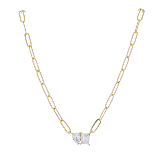 Gold Paperclip Chain Necklace with Clear Crystal Teardrop and Square