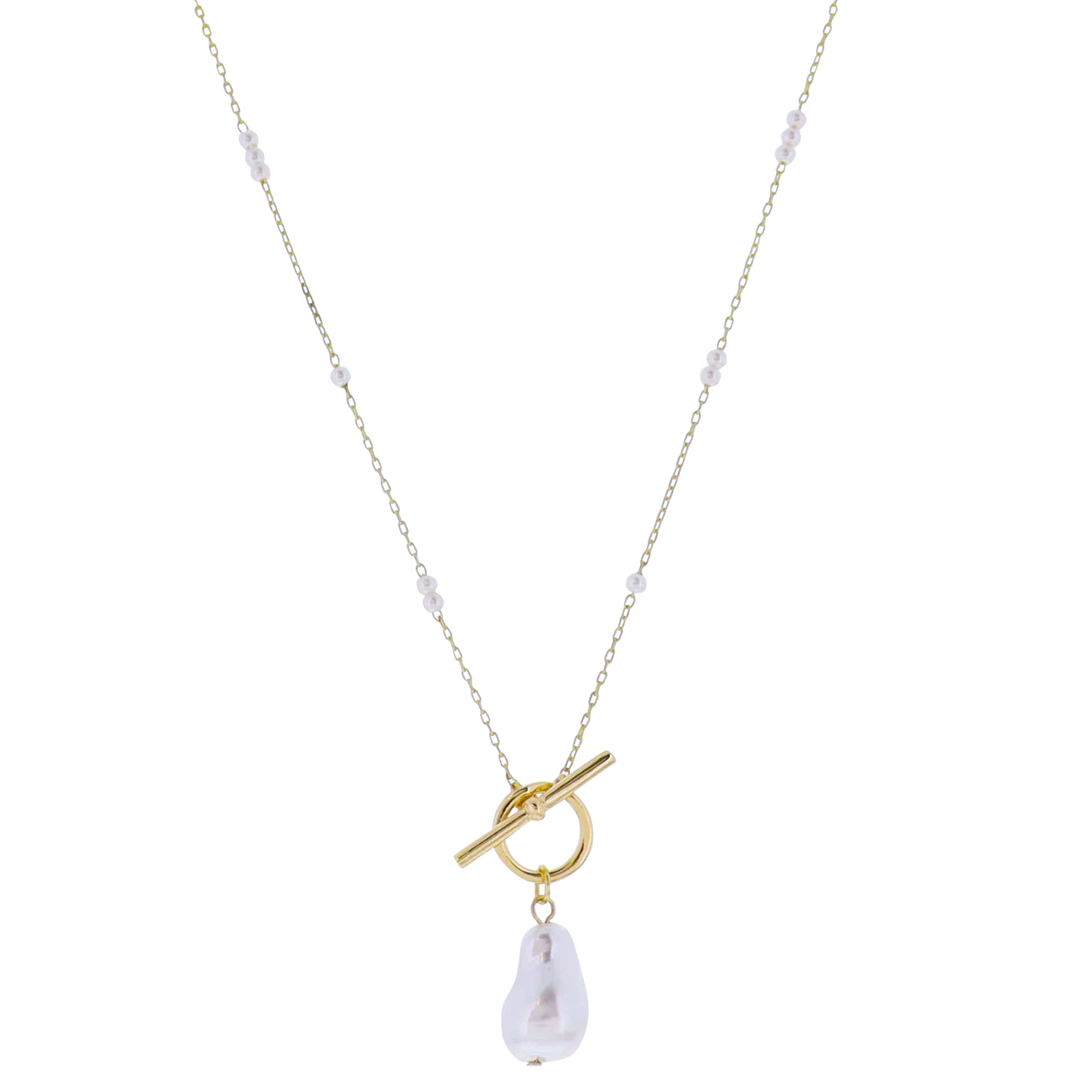 Gold Cable Chain Necklace with Pearl Accents and Gold Toggle with Pearl Charm