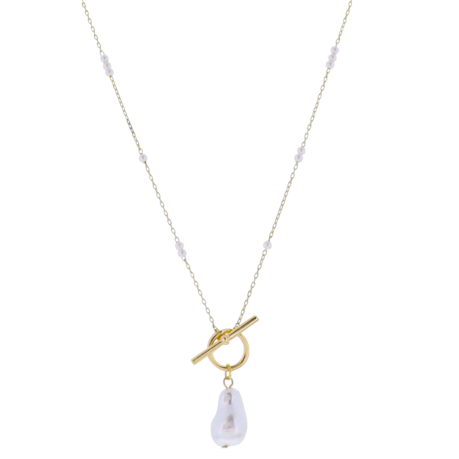 Gold Cable Chain Necklace with Pearl Accents and Gold Toggle with Pearl Charm