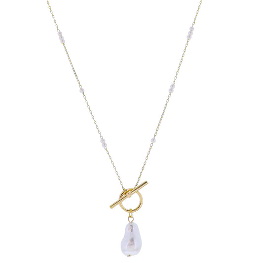 Gold Cable Chain Necklace with Pearl Accents and Gold Toggle with Pearl Charm