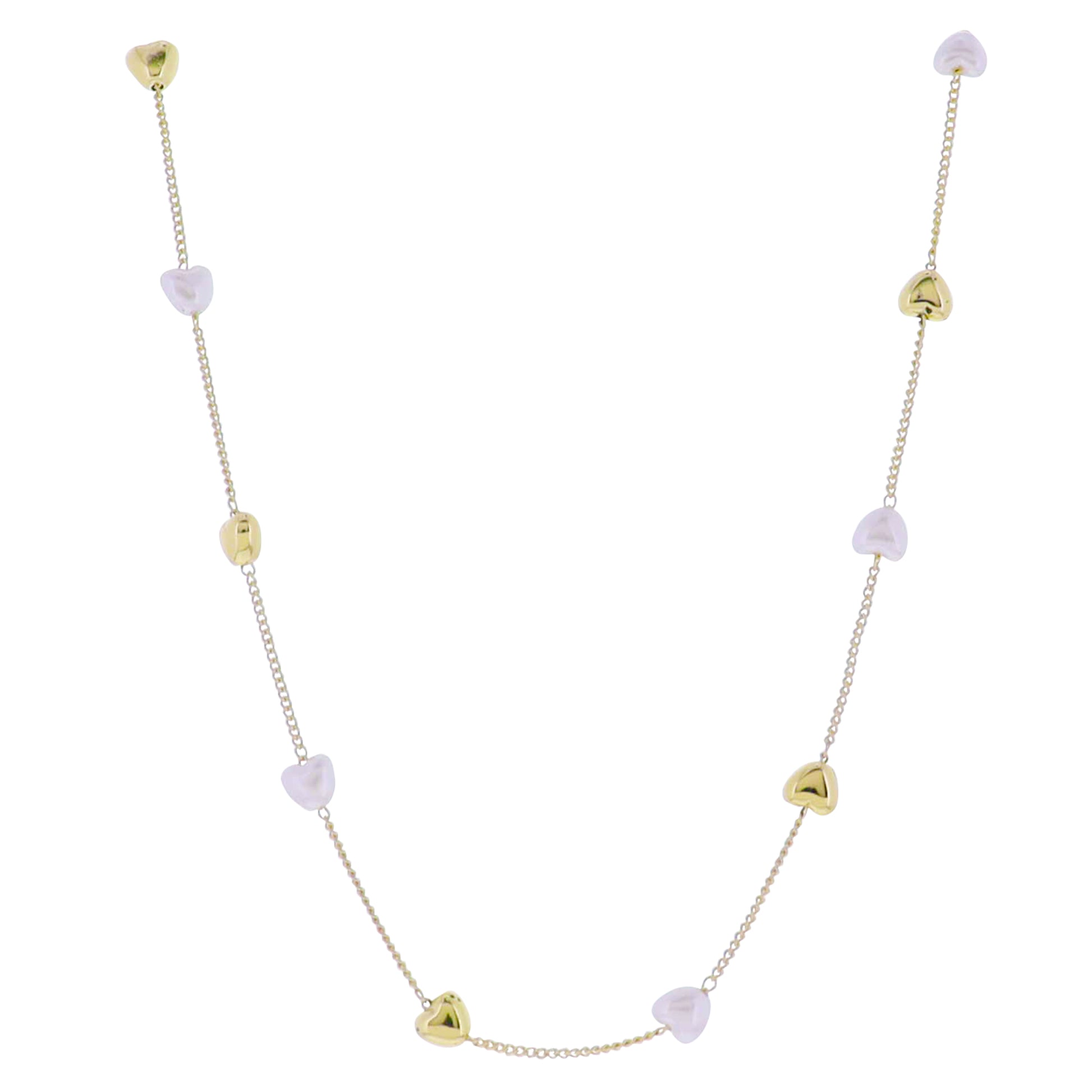 Gold Satelite Chain Necklace with Gold, Pearl Heart Stations