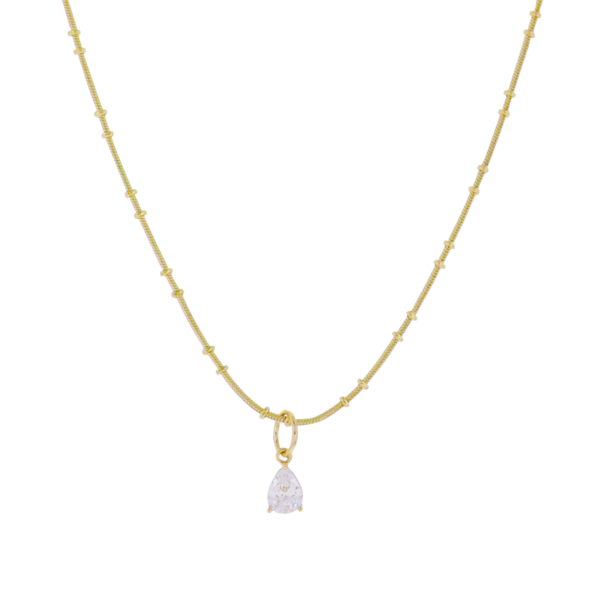 18k Gold Plated Ball Snake Chain Necklace with Clear Crystal Teardrop Charm