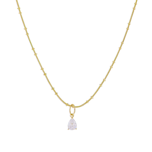18k Gold Plated Ball Snake Chain Necklace with Clear Crystal Teardrop Charm