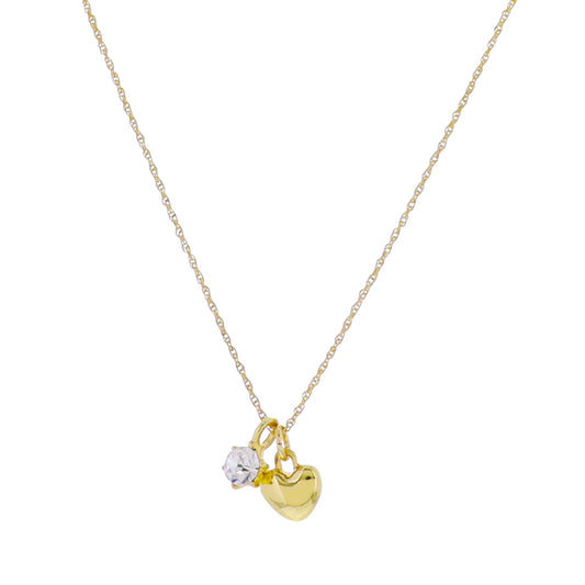 18k Gold Plated Figaro Chain Necklace with Gold, Clear Heart, Crystal Charms