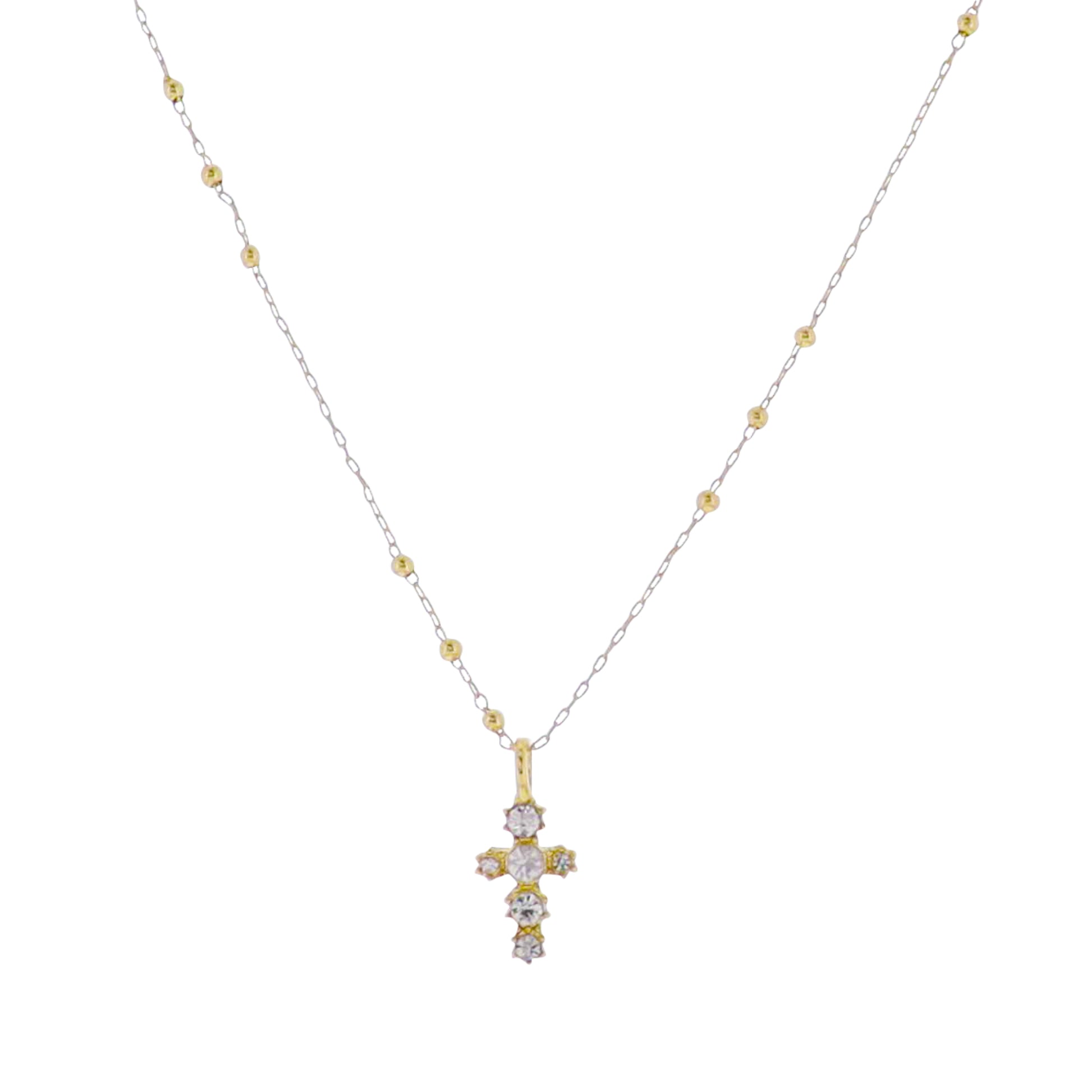 18k Gold Plated Ball Station Chain Necklace with Clear Crystal Cross Charm